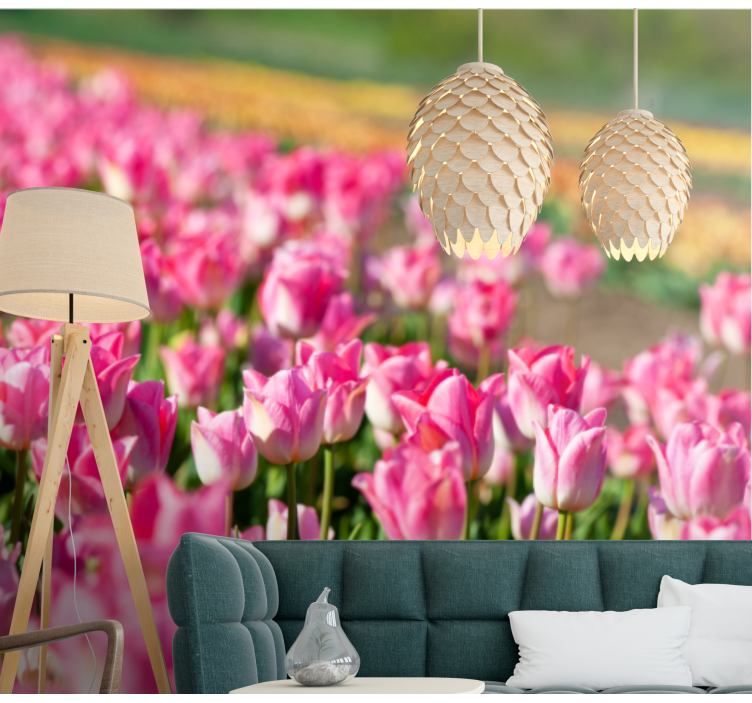 Livlig blomstrende felt fototapet tulipaner - Tenstickers