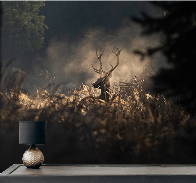 Morgen tåkete skog med rådyr fototapet natur - Tenstickers