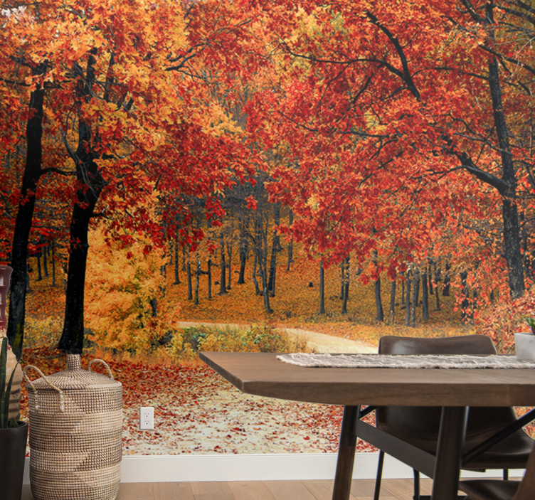 Røde blader skog fototapet trær - Tenstickers