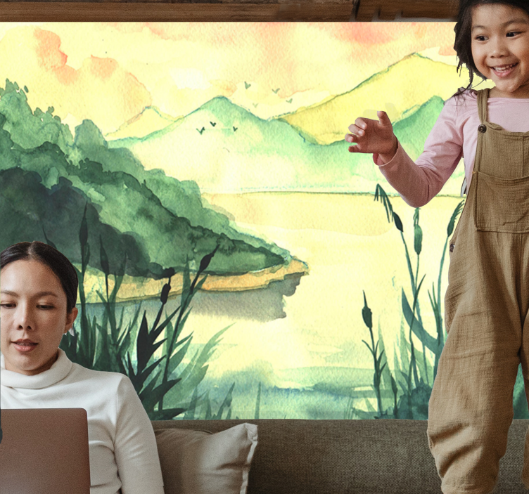 Rolig håndtegnelandskap fototapet innsjø - Tenstickers