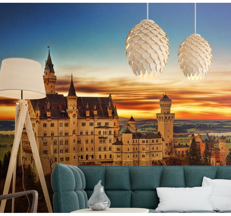 Solnedgang på neuschwanstein slott fototapet byer - Tenstickers