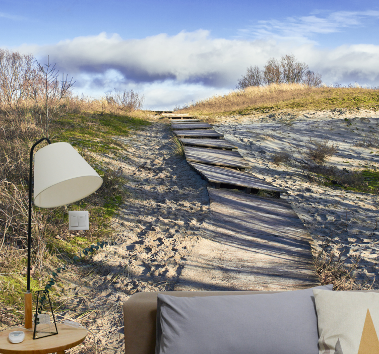 Solrik strand med en tresti fototapet natur - Tenstickers