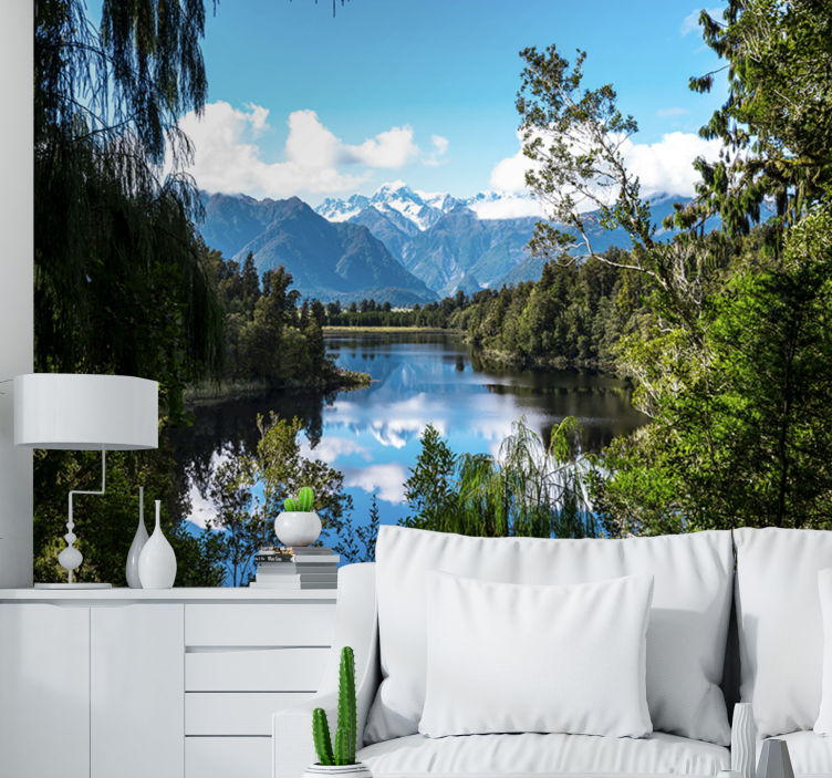 Trær med innsjø og fjell fototapet fjell - Tenstickers