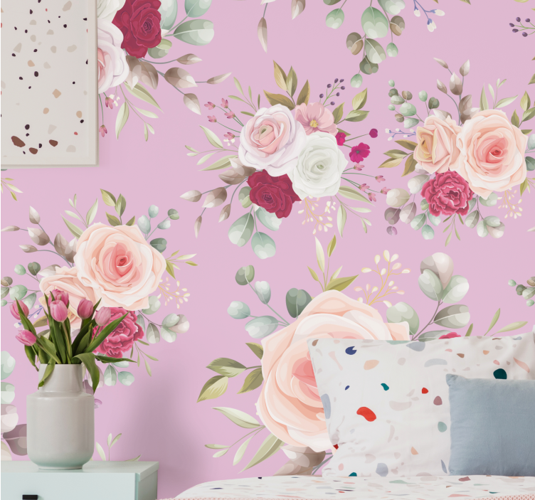 Vintage design med rosa bakgrunn fototapet blomster - Tenstickers