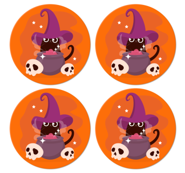 Katt, med, heksehatt, illustrasjon, halloween, coaster - Tenstickers