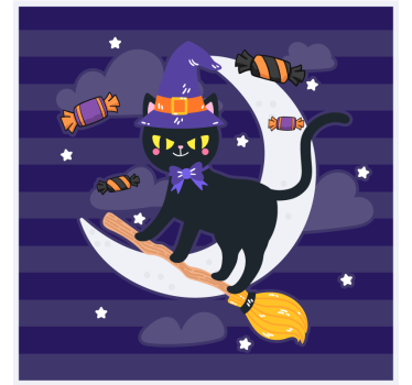 Søt katt på en kosteskaft som kaster godteri Halloween underlag - Tenstickers