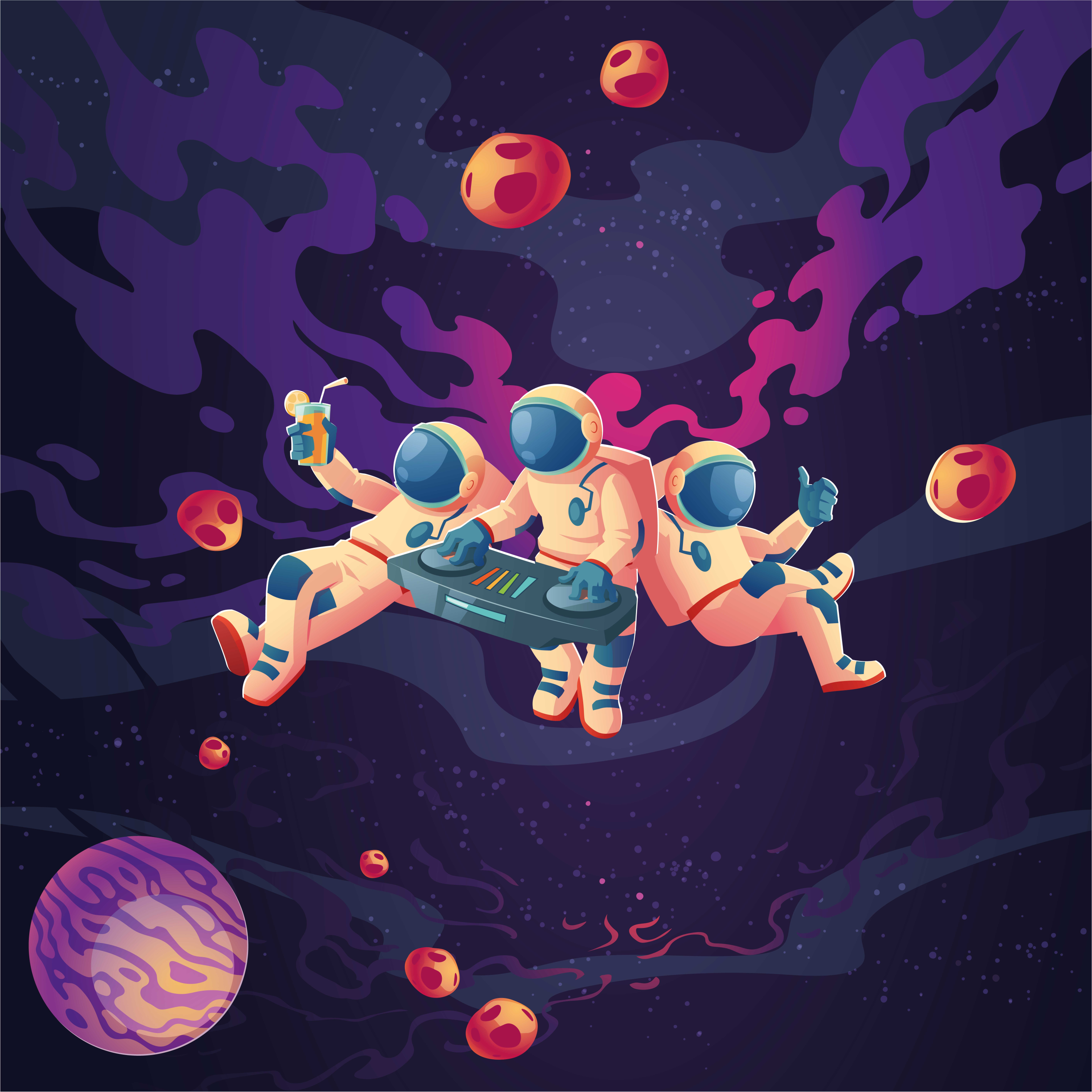 Barneplakate med jammende tegneserieastronauter - Tenstickers