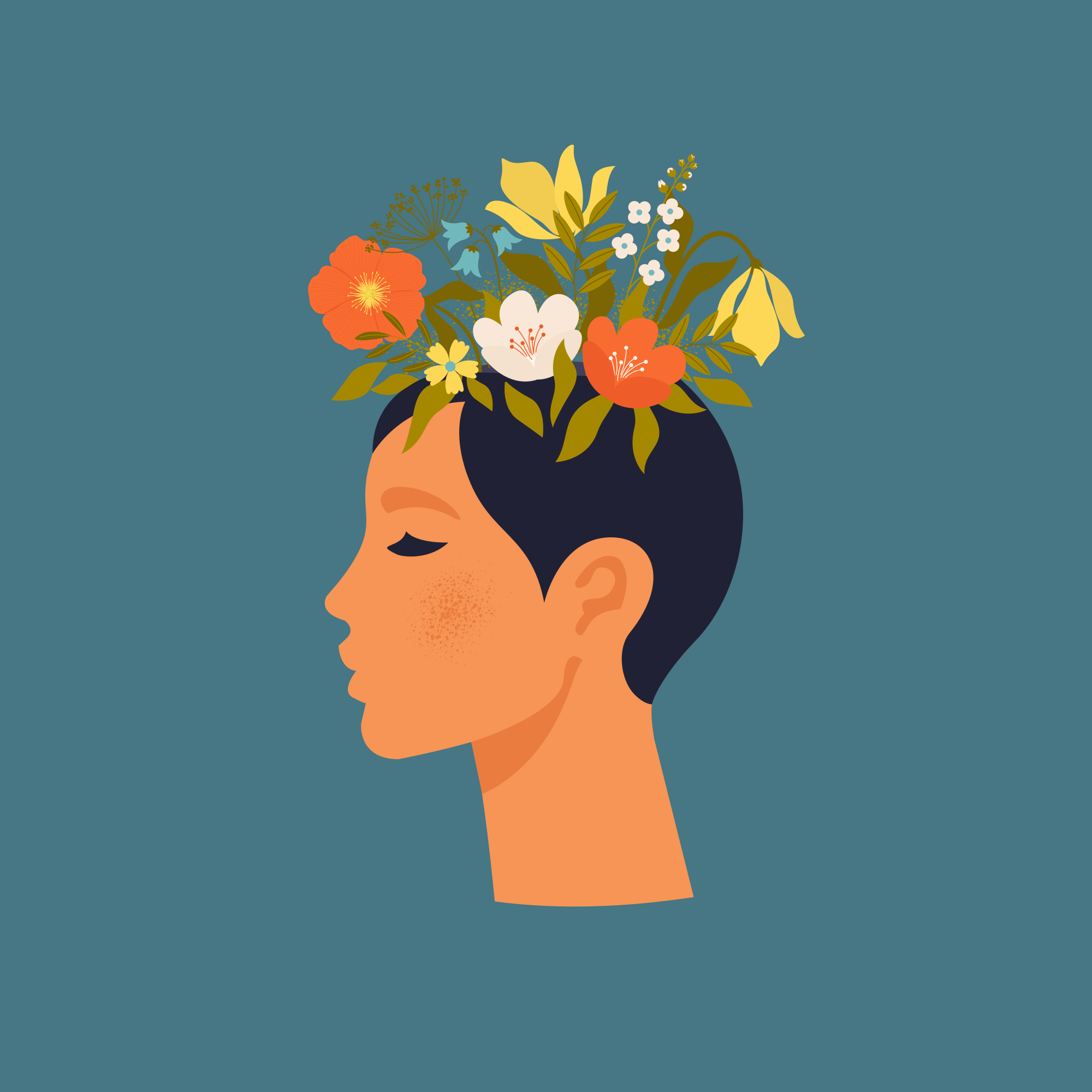 Blomsterplakat abstrakt kvinne på blå bakgrunn - Tenstickers