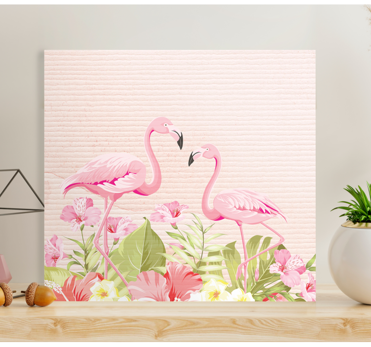 Blomst lerretsbilde flamingoer blant blomster - Tenstickers
