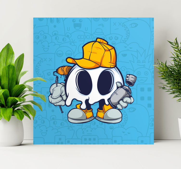 Skull cool kid graffiti tegneserie lerretsbilde moderne - Tenstickers