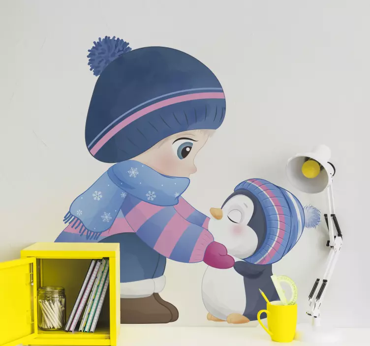 Anime jente med en pingvin illustrasjon sticker - Tenstickers