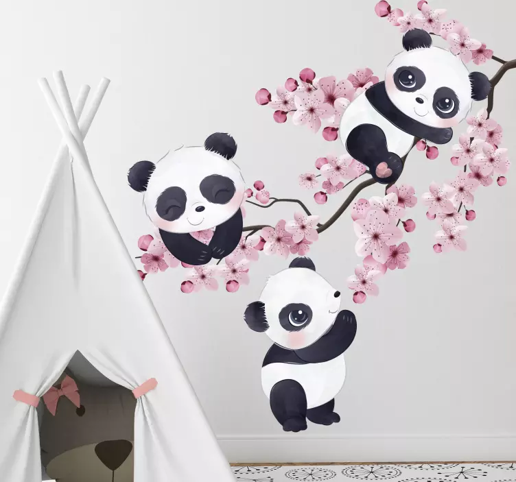 Baby pandaer på våren treet dyredekal - Tenstickers