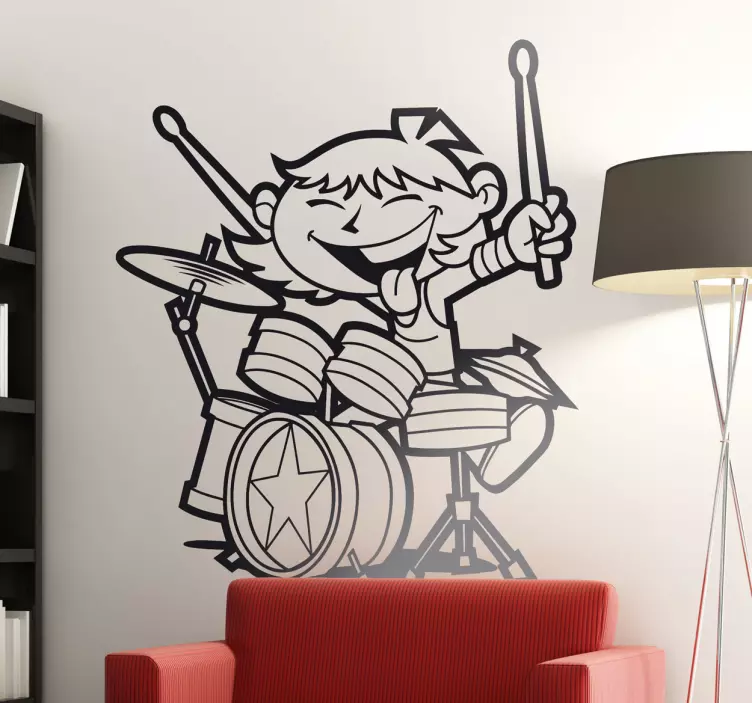 Barn med trommer barn klistremerke - Tenstickers