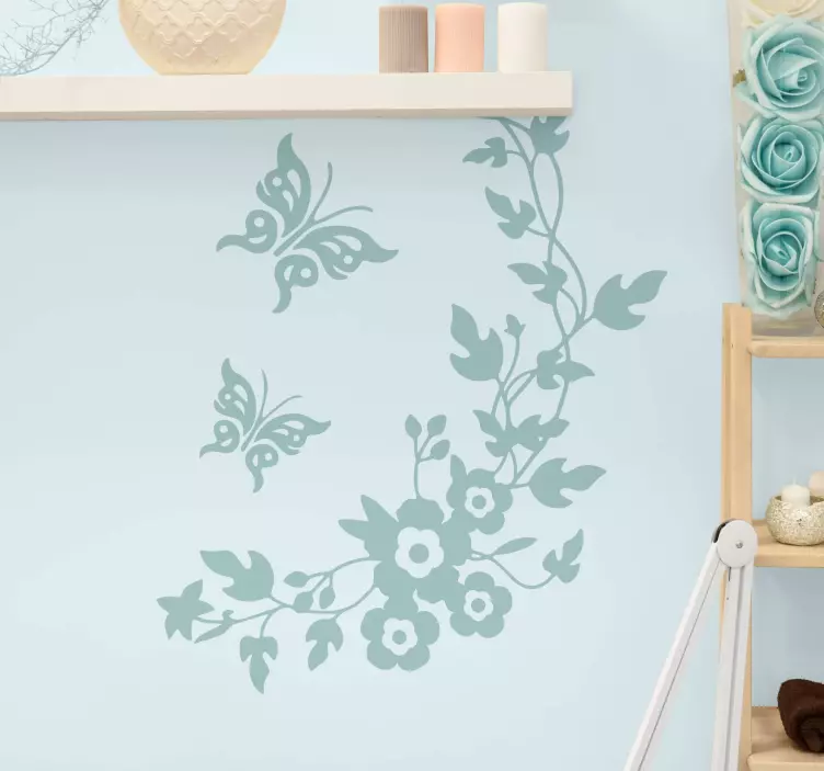 Blomster med swirly grener sommerfugler dekal - Tenstickers