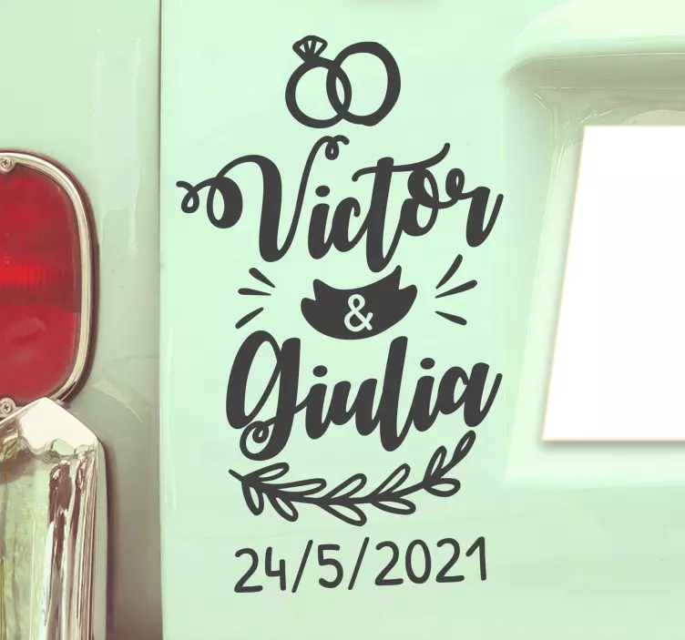Bryllup bil ornamenter navn og dato bil klistremerke - Tenstickers