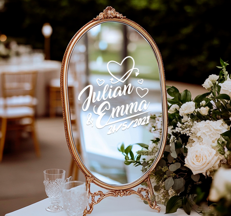 Bryllup hjerter og dato klistremerke med navn - Tenstickers