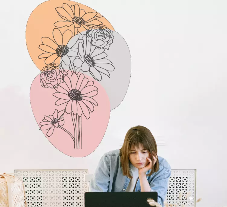 Bukett med solsikker og roser strekbilder wallsticker blomster - Tenstickers