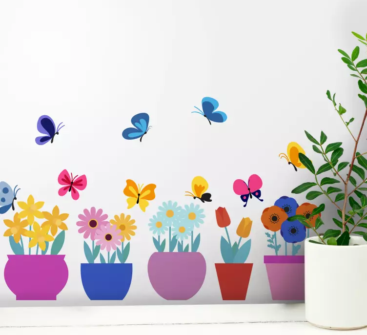 Fargerike blomsterpotter sommerfugler wallstickers - Tenstickers