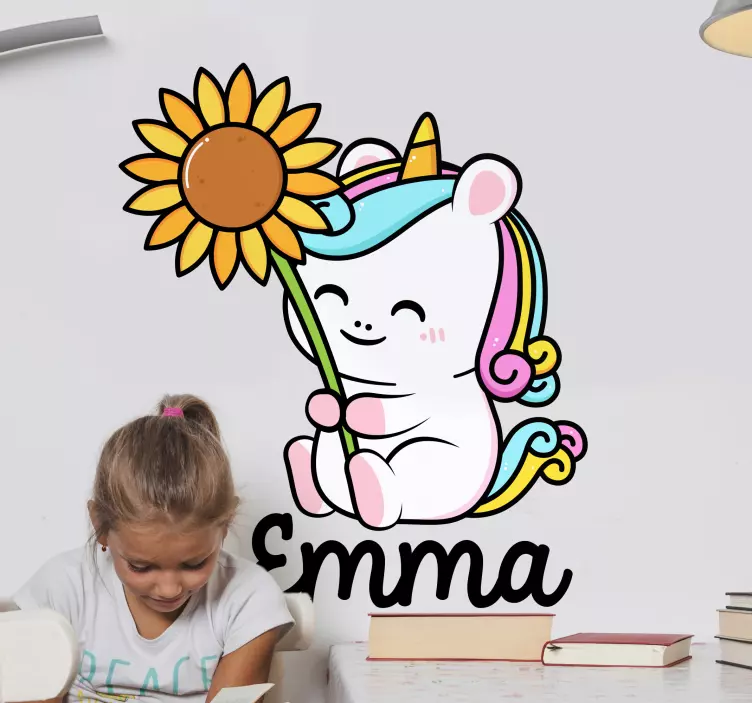 Hyggelig enhjørning med blomster personlig klistremerke - Tenstickers