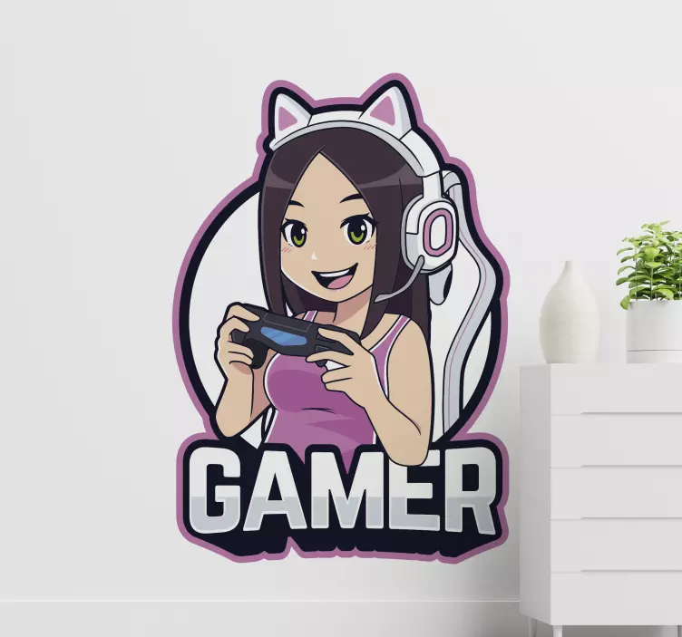 Gamer anime jente illustrasjon klistremerke - Tenstickers