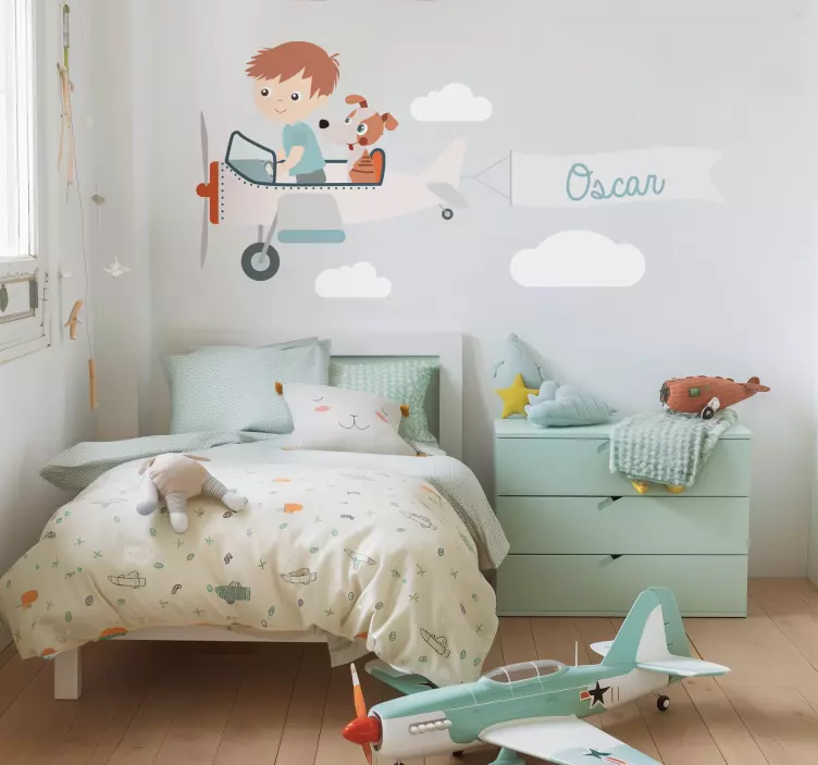 Gutt og hund på et fly illustrasjon klistremerker - Tenstickers