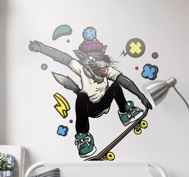 Klistremerke med skateboardende ulv karakterskikkelse - Tenstickers