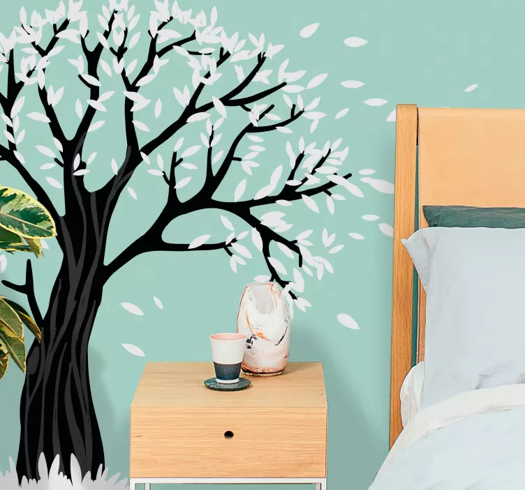 Svart tre med hvite blader wallsticker - Tenstickers