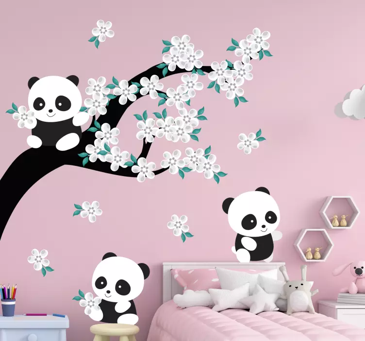 Panda blomsterscene klistremerke - Tenstickers