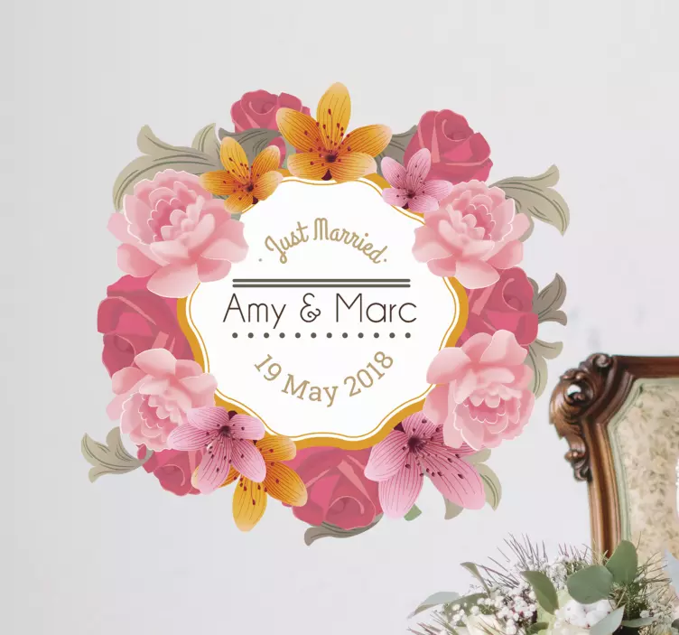 Personlig blomsterramme bryllup klistremerke - Tenstickers