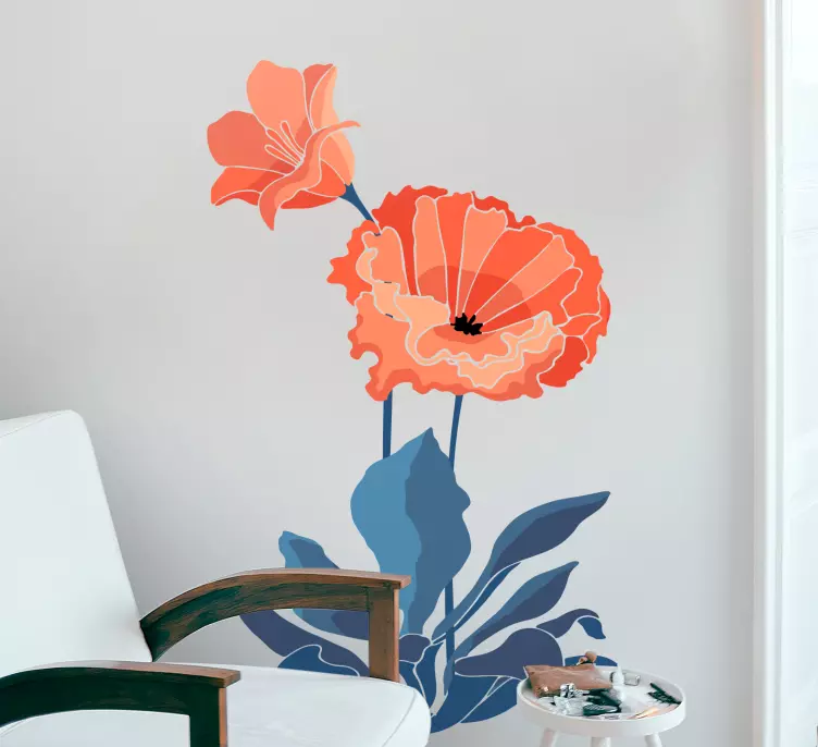 Rød tegnet blomster vegg vinyl klistremerke - Tenstickers
