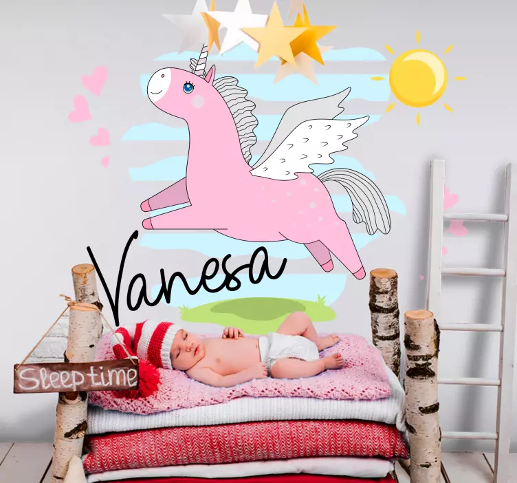 Rosa enhjørning med navn wallsticker - Tenstickers
