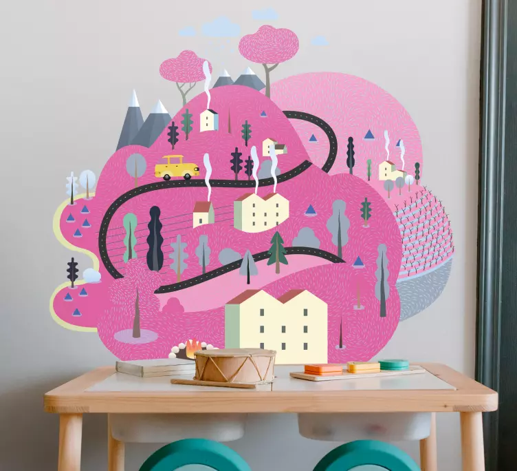 Rosa fjell med hus illustrasjon klistremerker - Tenstickers