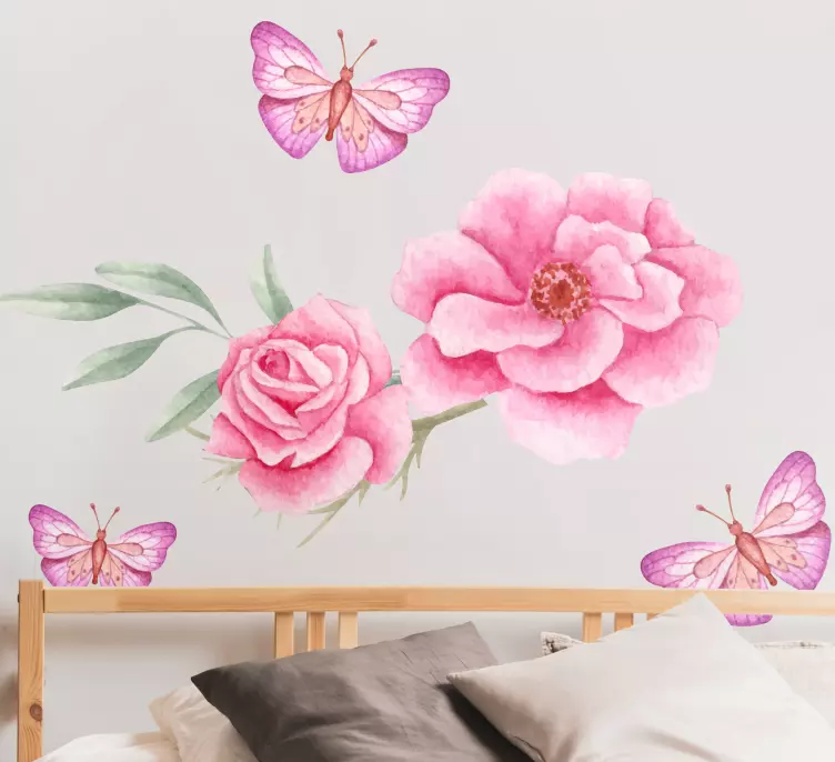 Rosa roser og sommerfugler blomstervegg klistremerke - Tenstickers
