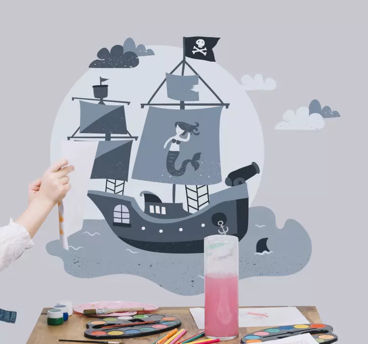 Piratskip seilende til måne illustrasjon dekal - Tenstickers