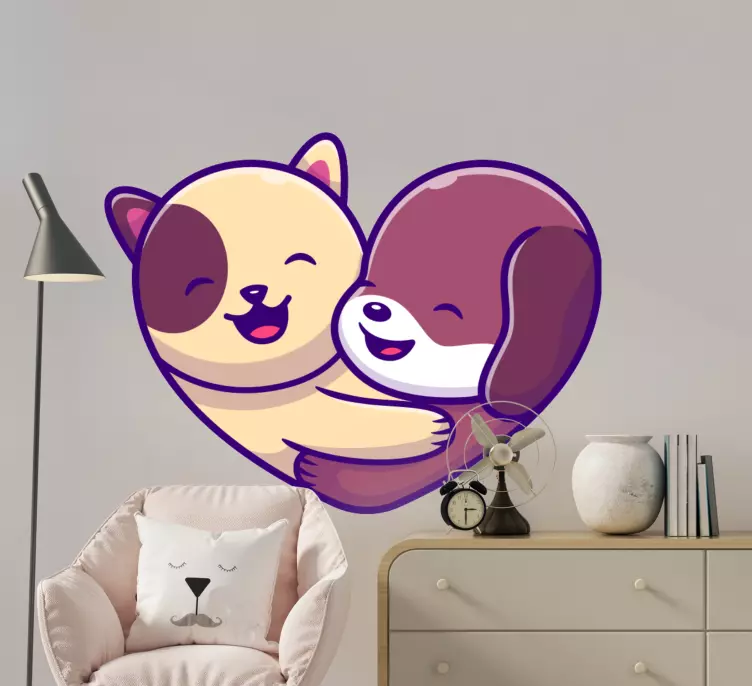 Søt hund og katt logo tegneserie wallsticker barnerom - Tenstickers