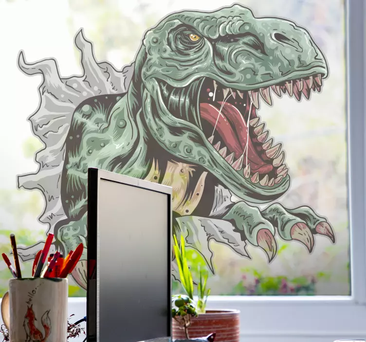 T-rex detalj som bryter veggvinduet klistremerke - Tenstickers
