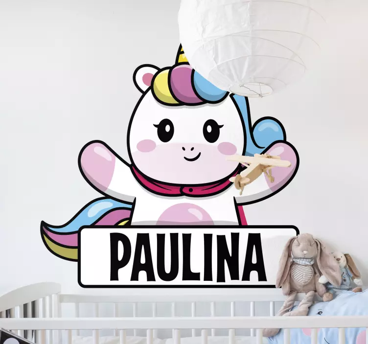 Tegneserie enhjørning med navn personlig klistremerke - Tenstickers