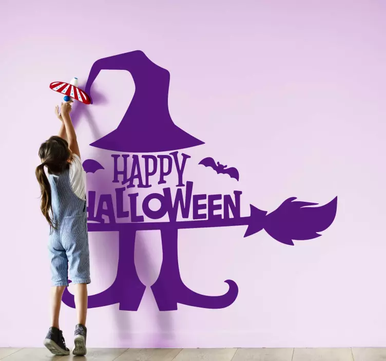 Heks som flyr på en kost halloween-klistremerke - Tenstickers