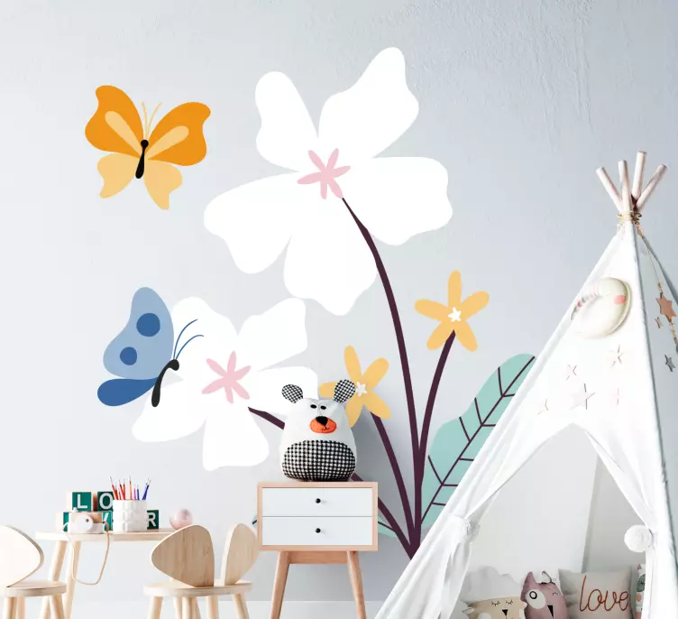 To hvite blomster med sommerfugler wallstickers - Tenstickers