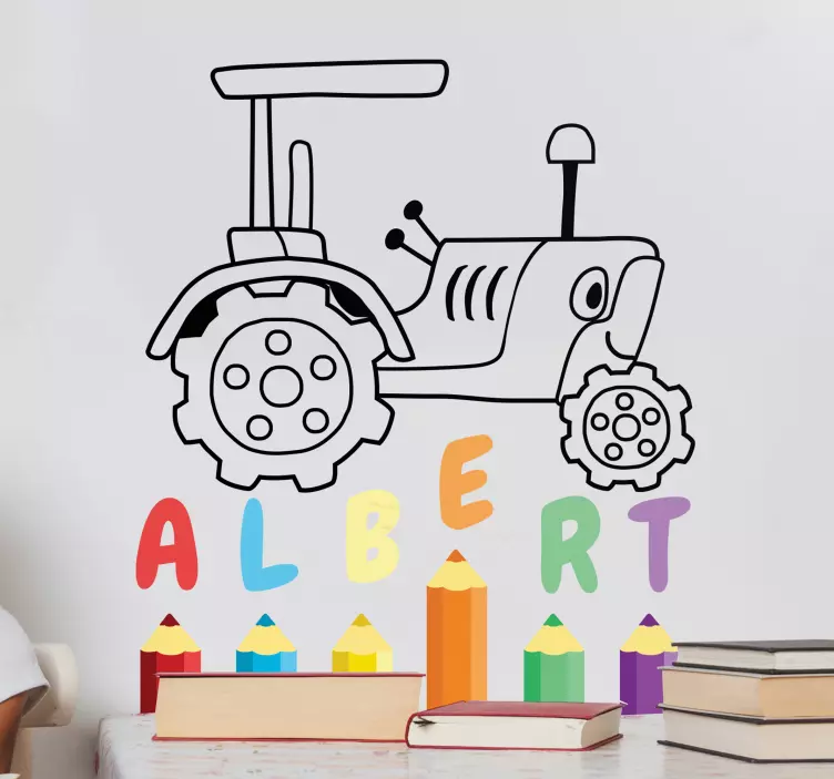 Traktor med blyantfarger navneklistremerke - Tenstickers