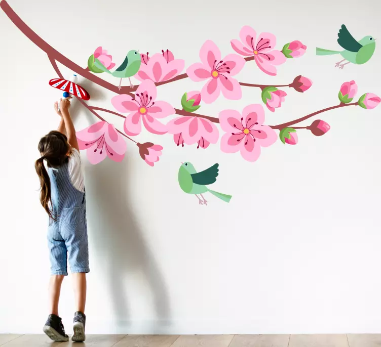 Våretre med grønne fugler blomsterklistremerke - Tenstickers