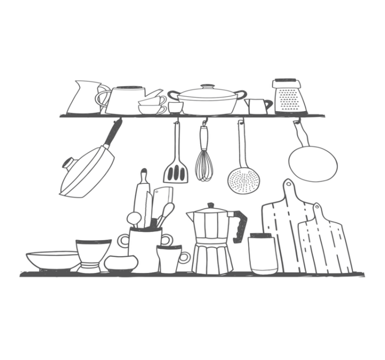 Vinyl teppe kjøkken med kjøkkenutstyr på hyller - Tenstickers