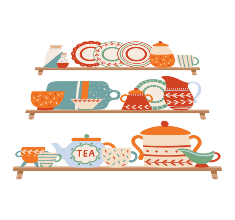 Vinyl teppe kjøkken med kjøkkenutstyr på hylle - Tenstickers