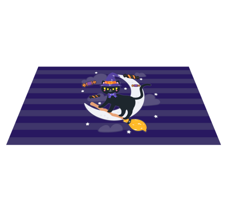 Søt katt på et kosteskaft Halloween vinyl teppe - Tenstickers