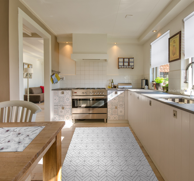 Hvitt japandi geometrisk mønster vinyl teppe nordisk - Tenstickers