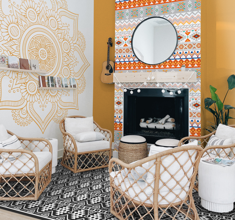 Svart og hvitt bohemmønster vinyl teppe etnisk - Tenstickers