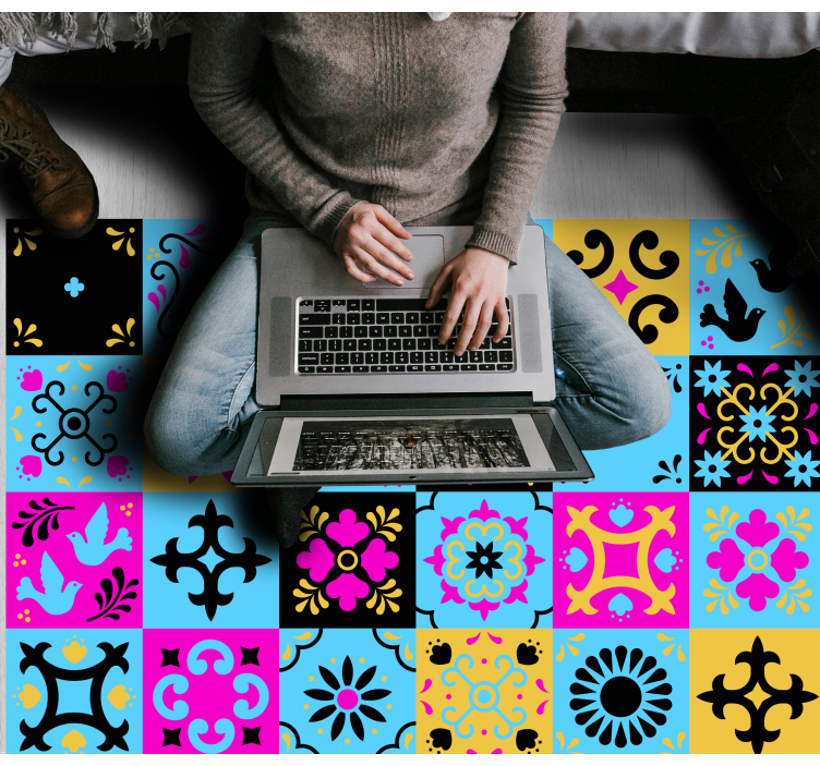 Blomster fargerike fliser vinyl teppe kjøkken - Tenstickers