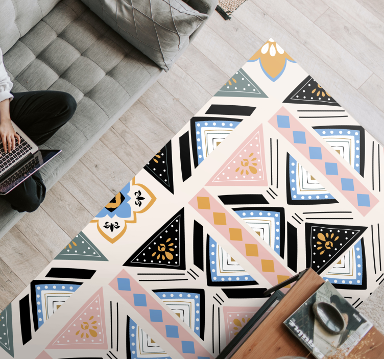 Etnisk sort og blå rosa mandala vinyl teppe - Tenstickers