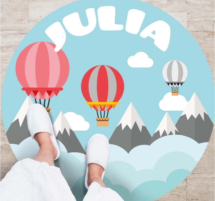 Grå og rosa fjell og ballonger vinyl teppe med navn - Tenstickers