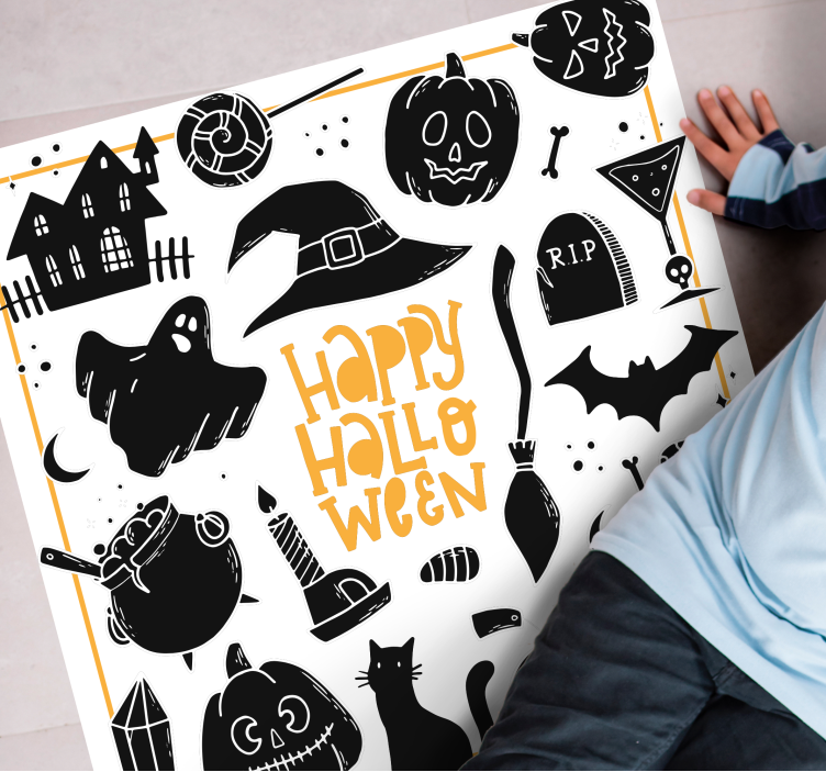 Happy halloween black doodles vinyl teppe rund - Tenstickers